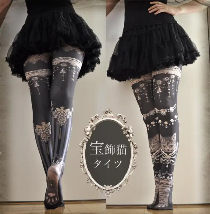Женские колготки Who's He, японские колготки Pielpie Cat Harajuku, тату Кот, женские колготки, Необычные чулки, Medias, вечерние женские колготки