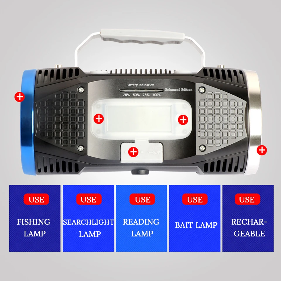 저렴한 다기능 LED 탐조등 손전등, 낚시 라이트, 듀얼 광원, 내장 충전식 리튬 배터리, 4 조명