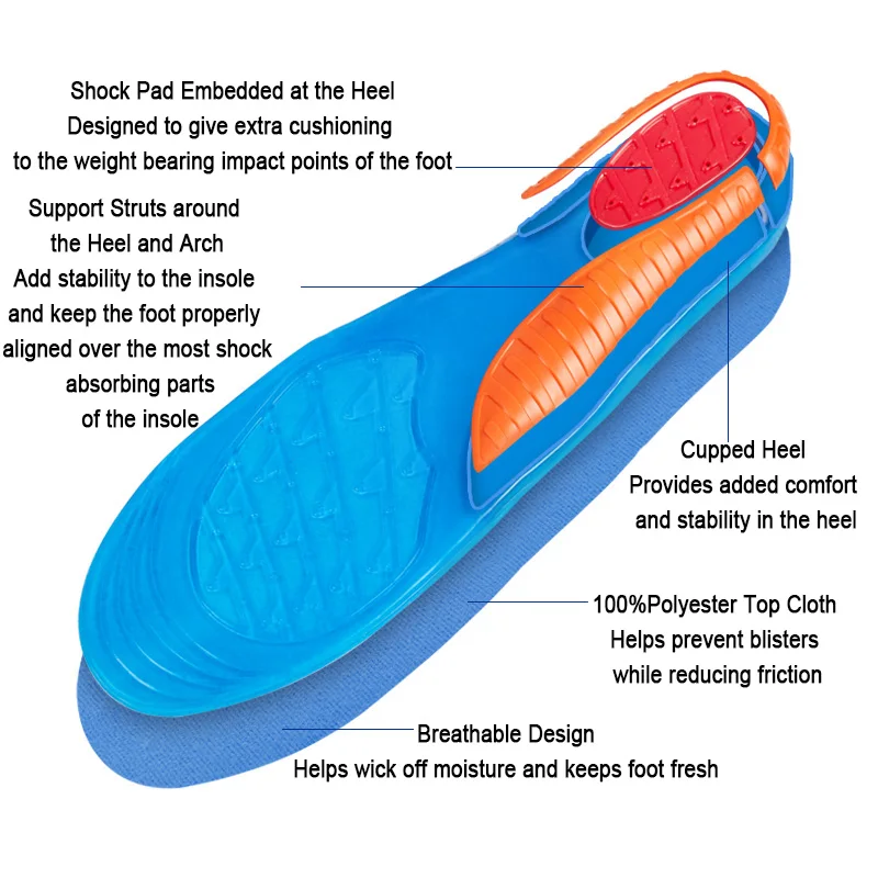 Bocan gel insoles high quality sport shock absorption foot care for plantar fasciitis breathable insoles fit for men/women