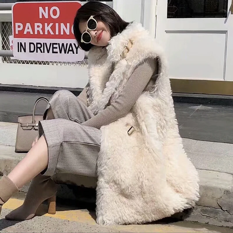 Новый Гарантировано реального Shearling Vest Для женщин отложным воротником длинные