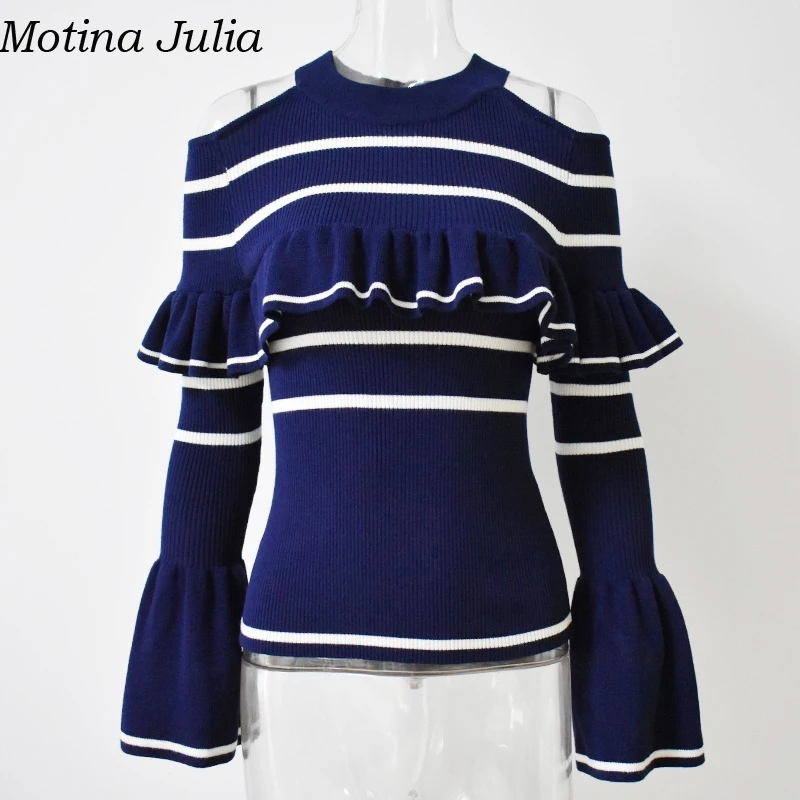 Motina Julia Striped Ruffle cold shoulder knitted sweater women Autumn soft warm chic pullover female Winter party jumper | Женская