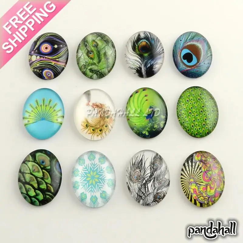 

Feather Pattern Glass Flatback Oval Cabochons for DIY Projects, Mixed Color, 25x18x5mm