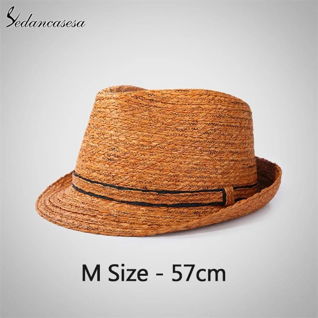 red brown 57cm Классическая мужская соломенная шляпа рафия, летние солнцезащитные шляпы с защитой от ультрафиолета для мужчин, фетровая шляпа, модная пляжная шапка Трилби унисекс, праздничная 57-59 см - Цвет: red brown 57cm