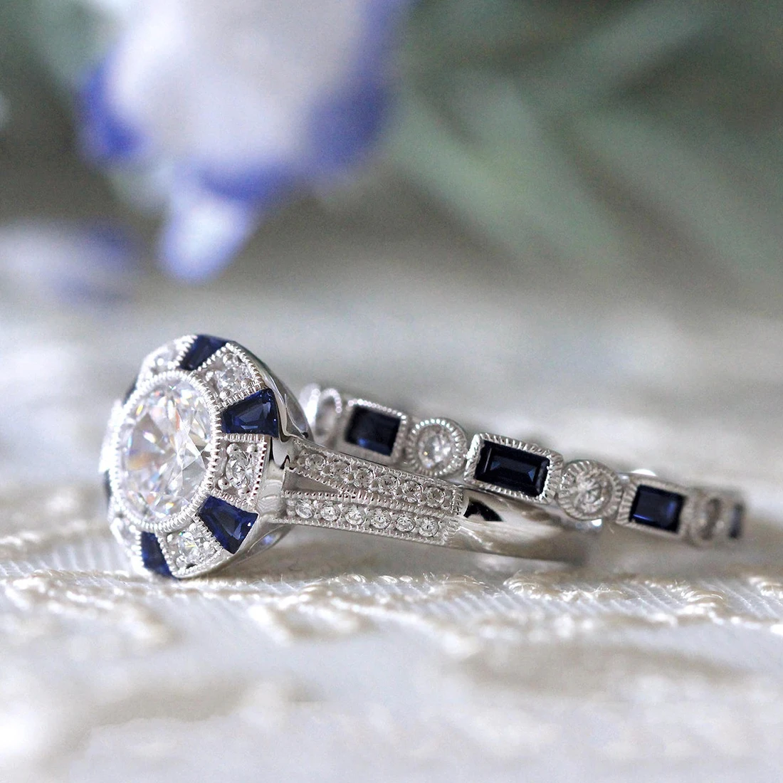 Модное роскошное синее обручальное кольцо для женщин 2 шт./компл. с серебряным