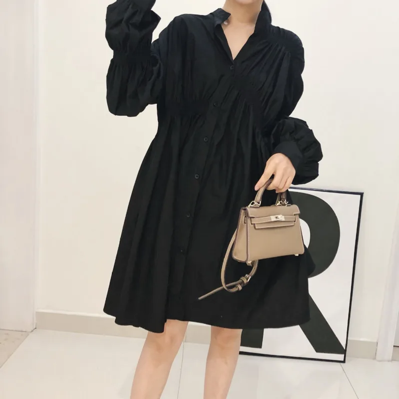 DEAT 2020 new spring fashion women clothing turn-down collar lantern sleeves single breasted asymmetrical cotton dress WD92400 | Женская
