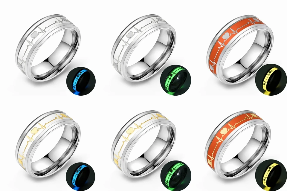 Glowing Luminous Heart Electrocardiogram Rings Stainless Steel Glow in the Dark Wave Love Ring Female Male Wedding Aneis Jewelry