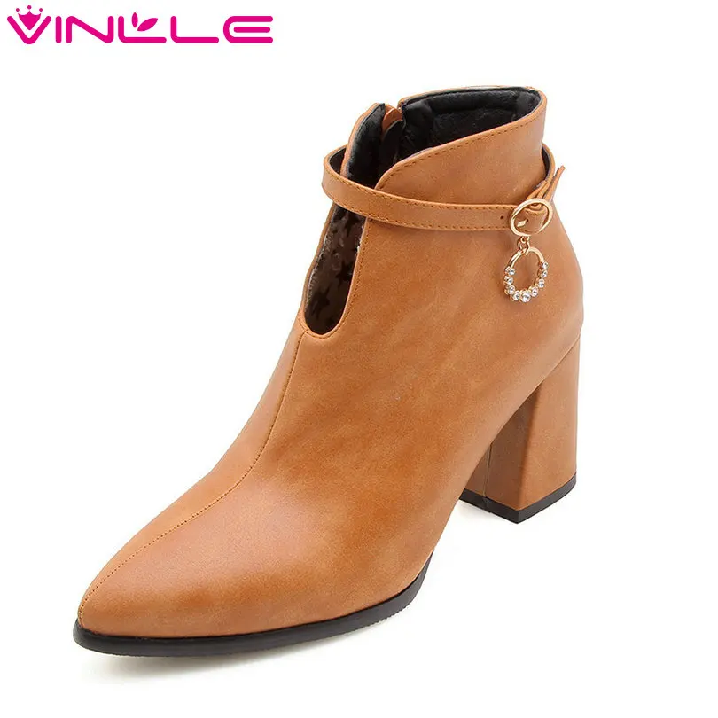 VINLLE 2019 Women Ankle Boots Fashion Shoes Platform Zipper Pointed Toe Elegant Pu Leather Size 34-43 | Обувь