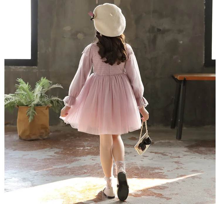 New Spring Autumn Children Lace Dot Princess Dress Teen Girls Tassel Mesh Causal Dress Kids Girl Cotton Solid Vestido Q635
