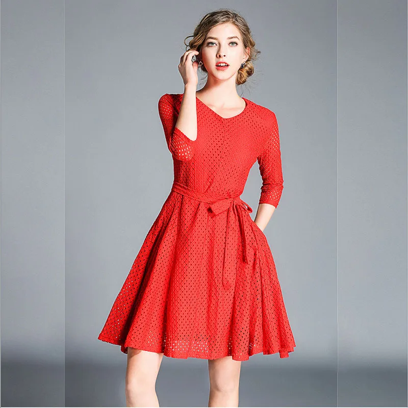 Для женщин Лето-Line вечерние платье 2018 Мода Тонкий Красный Кружева лоскутное
