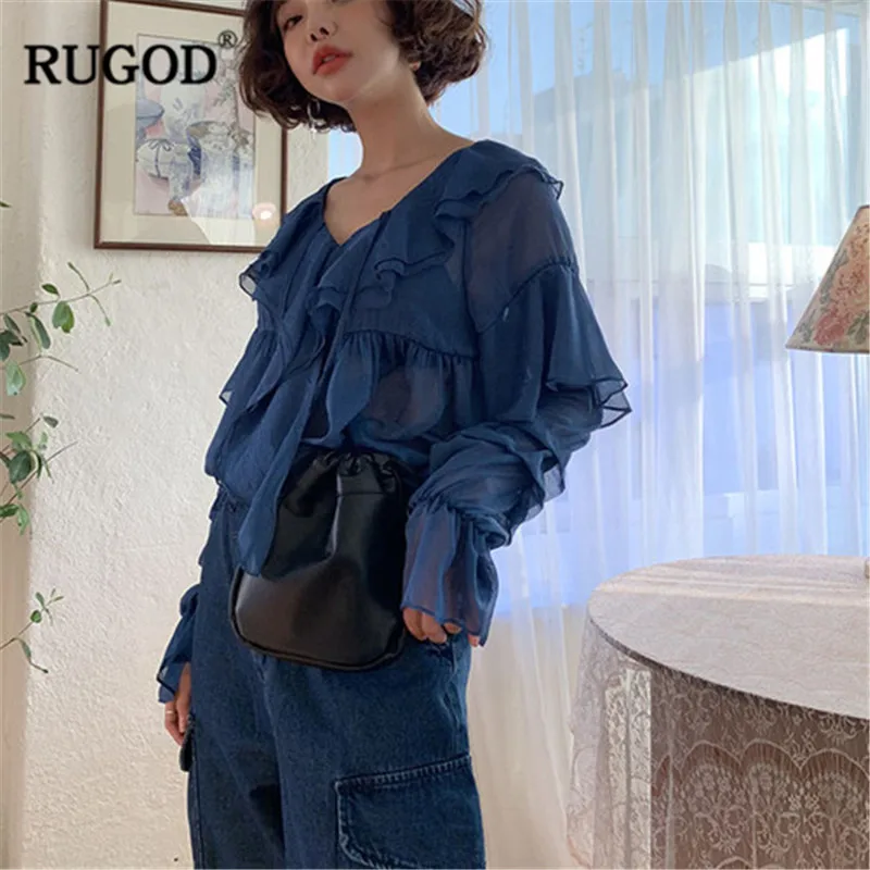 Женская шифоновая блузка RUGOD длинная офисная с v-образным вырезом весна 2019 |