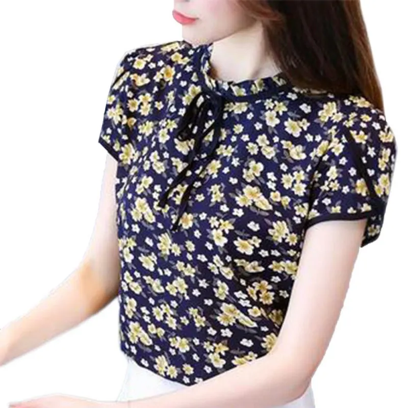 Women Summer Floral Print Chiffon Blouse Ruffle Collar Bow Neck Shirt Petal Short Sleeve Chiffon Tops Blusas Femininas Plus Size 3 Women Summer Floral Print Chiffon Blouse Ruffle Collar Bow Neck Shirt Petal Short Sleeve Chiffon Tops Blusas Femininas Plus Size 3