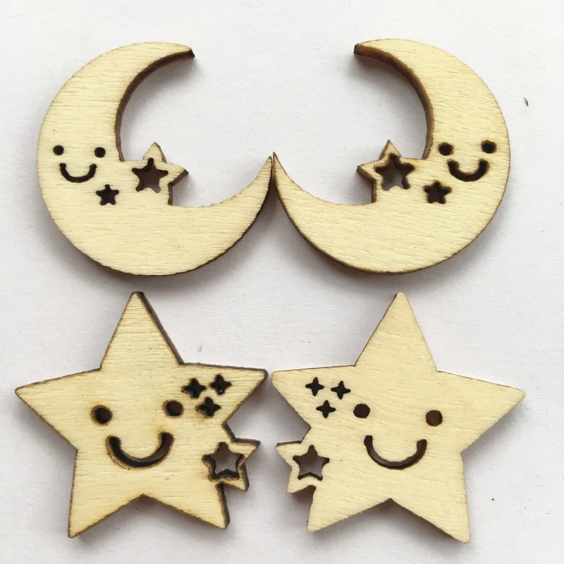 

50Pcs Wooden Accessories Stars And Moon Pattern Natural Wood chips