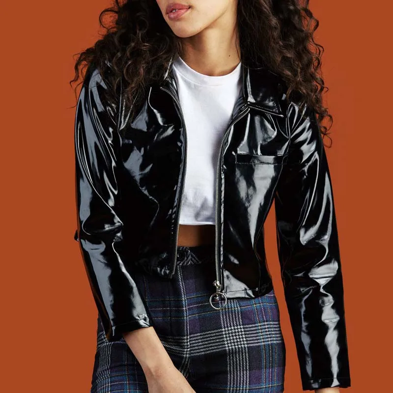 black pu jacket coat Харадзюку Панк Мода для женщин осень искусственная кожа короткие куртки пальто High Street O Ring Zipper Дамская шикарная лакированная Pu байкерская куртка - Цвет: black pu jacket coat