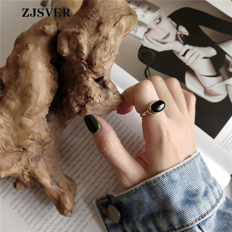 ZJSVER Korean Jewelry 925 Sterling Silver Ring Golden Retro Elliptical Black Agate Adjustable Women Rings For Festival Present | Украшения