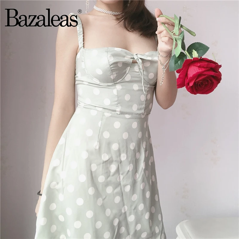 Bazaleas White Dot Print Green women Dress vestido Center Bust Bow Tie summer zipped back Slim Women mini dresses | Женская одежда