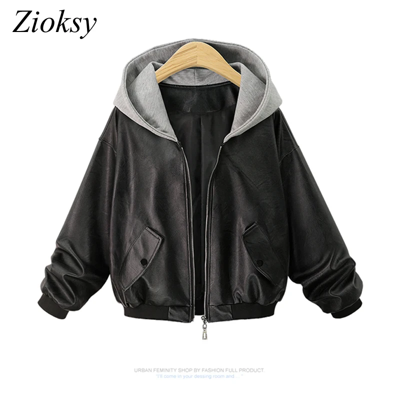 Куртка Zioksy Женская из искусственной кожи с капюшоном длинным рукавом на осень и