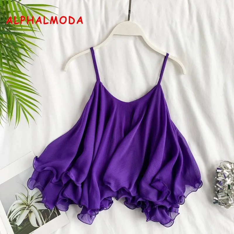 ALPHALMODA Летние Женские однотонные шифоновые блузки с оборками Топы на бретельках милые женские летние топы