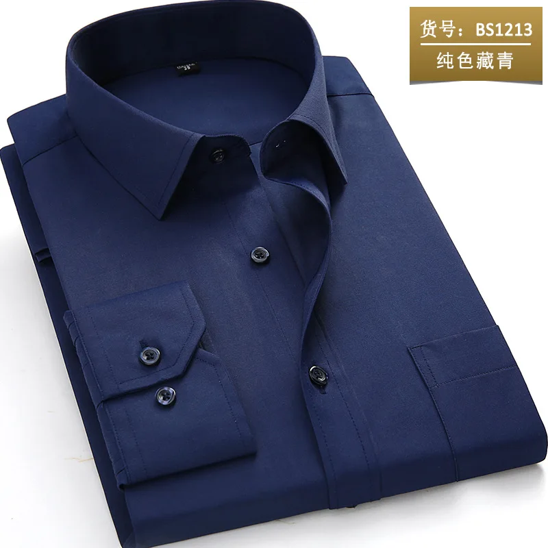 BS1213 Pure navy Классическая полосатая однотонная мужская рубашка большого размера 5XL 6XL 7XL 8XL белая мужская рубашка с длинным рукавом мужская одежда camisa masculina - Цвет: BS1213 Pure navy