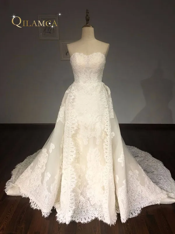 100% настоящая фотография Vestido De Noiva светло шампанского Аппликации Кружева Съемный