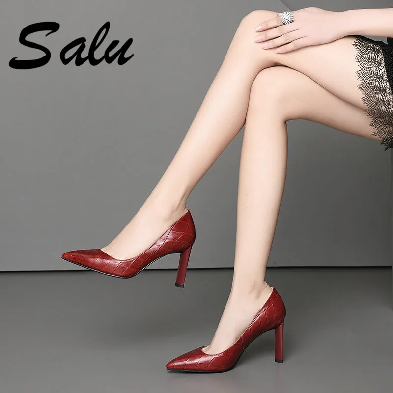 

Salu 2020 top quality genuine leather shoes women pumps Pointed toe classic shoes comfortable spring summer dress shoes