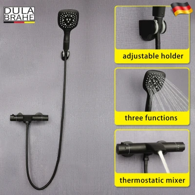 D113 Thermostatic Душевой набор для ванной комнаты, термостат для ванны, душевой кран, клапан, черная душевая система, панель, латунь, дождевой водопад, душевая головка - Цвет: D113 Thermostatic