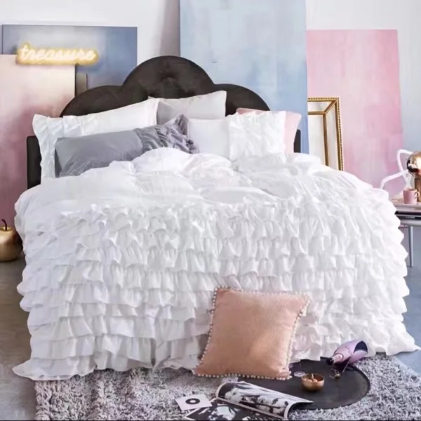 

Luxury Cake Ruffle Europe Style White Pink Princess Bedding 4pcs set King Queen size Duvetcover Pillowcase Bedsheet FreeShipping