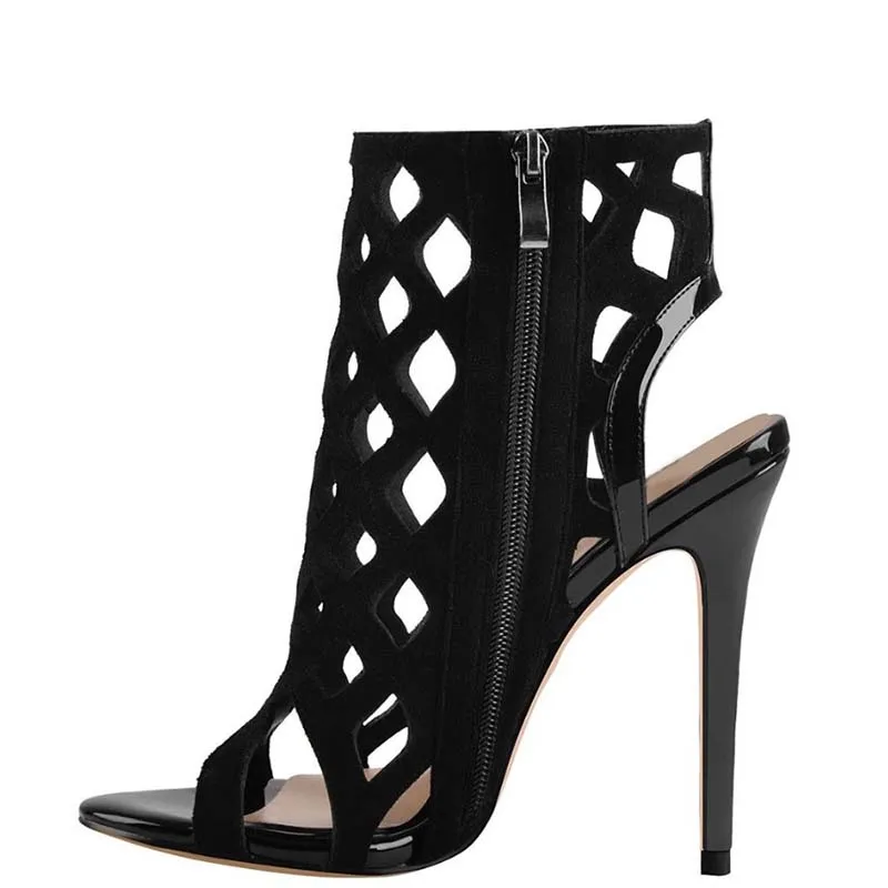 

Женские ботильоны на шпильке, черные ботинки с вырезами, с острым носком, на высоком тонком каблуке, большие размеры 30, 33, 36, летний сезон