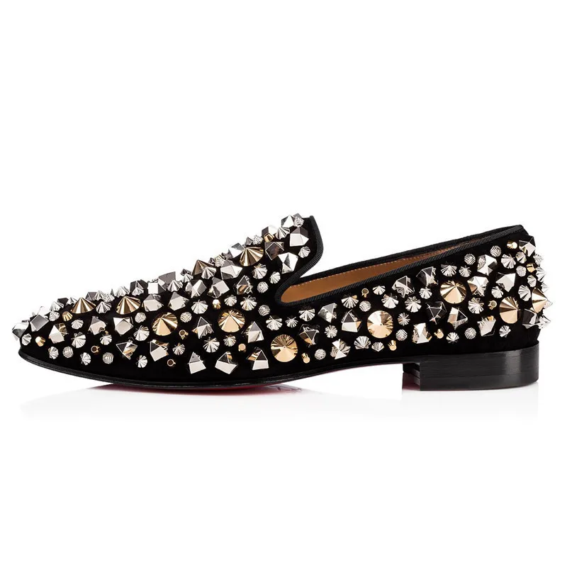 Glitter Rivet Casual Shoes Men Sequin Loafers Round Toe Slip On Flats Genuine Leather Studded Men Shoes Zapatillas Hombre