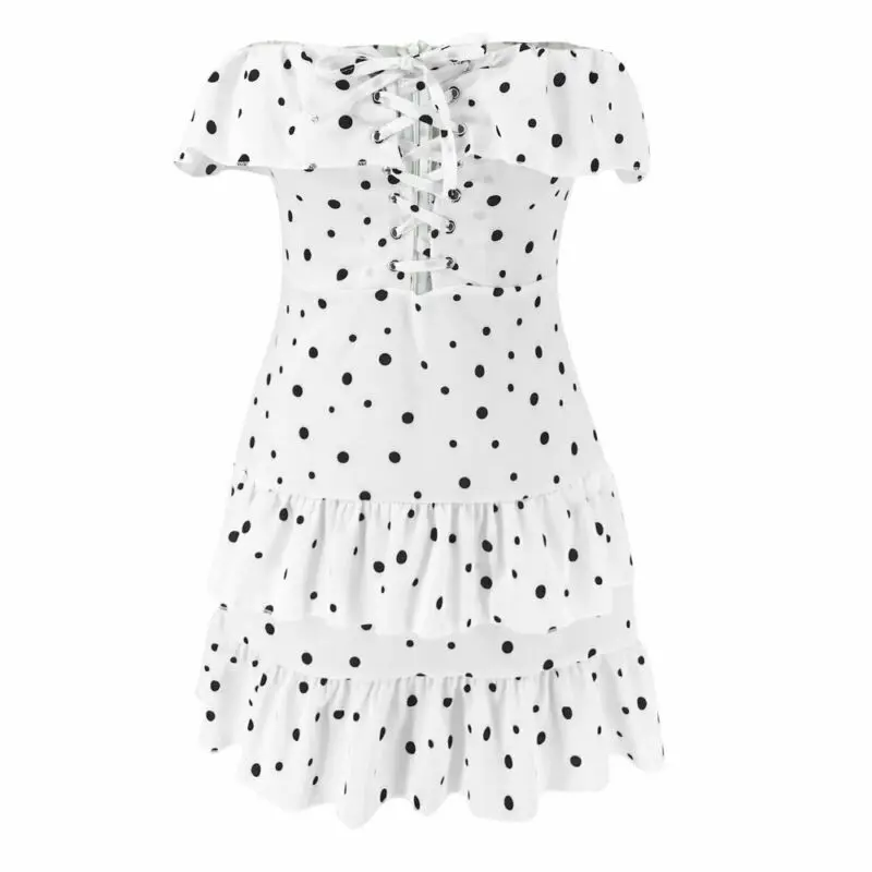 

Lady Women Polka Dot Bodycon Sleeveless Dress Casual Party Evening Bandage Cross Ruffle High Waist Short Mini Dress
