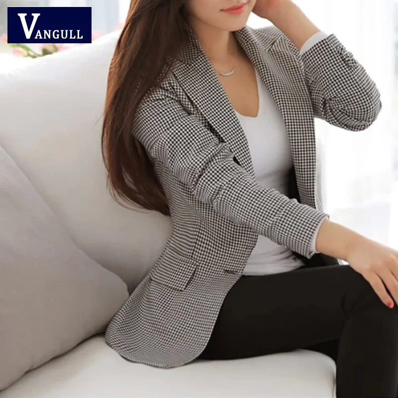 Vangull, Женский блейзер, новинка, весенний, тонкий, OL, для работы, Блейзер, простой, винтажный, в клетку, зубчатый, Повседневный, Vestidos, пальто - Цвет: Blcak white