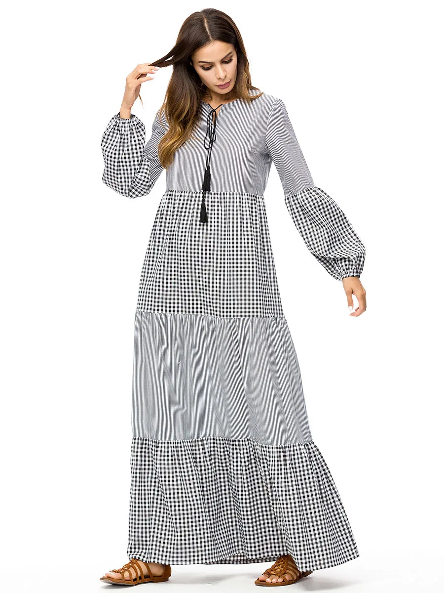 2018 осень мусульманское платье длинное Индонезии шить Фонарь рукава длинные