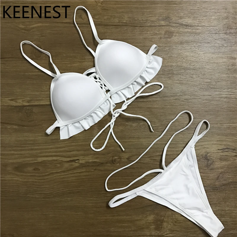 KEENEST 2018 белый бандажный купальник бикини за завязках гофрированный стринги
