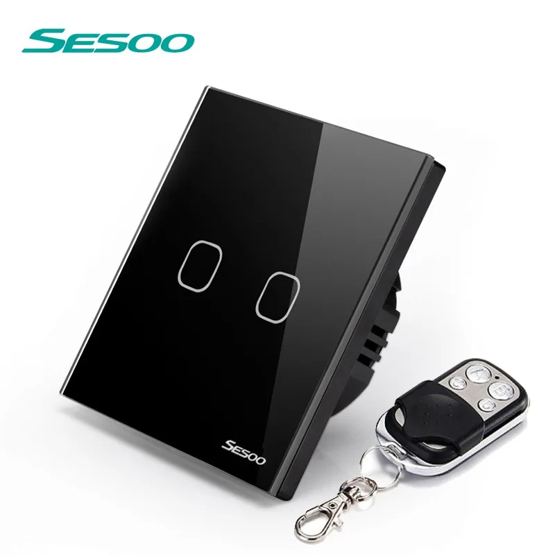 SESOO EU/UK RF433 пульт дистанционного управления Сенсорный выключатель дистанционный настенный светильник переключатель с Cystal стеклянная панель золотой - Цвет: SY2-02 Black 2gang