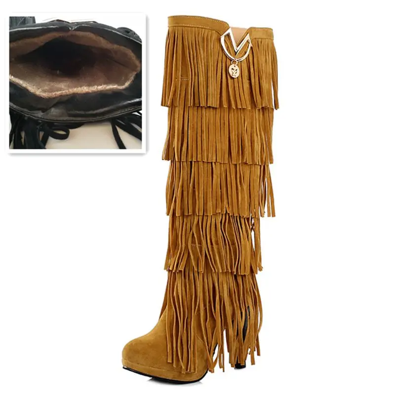 Yellow fur REAVE CAT/Большие размеры 32-43; Новинка; женские зимние сапоги из флока на меху сапоги до колена на высоком каблуке модные сапоги с бахромой; Цвет черный, коричневый, красный; ZL4150 - Цвет: Yellow fur