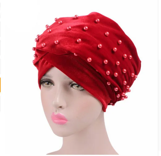 birght red Тюрбан головной убор хиджаб голова Scarfvelvet роскошная женская бархатная тюрбан головная повязка с бисером Шипованная жемчужная удлиненная бархатная - Цвет: birght red