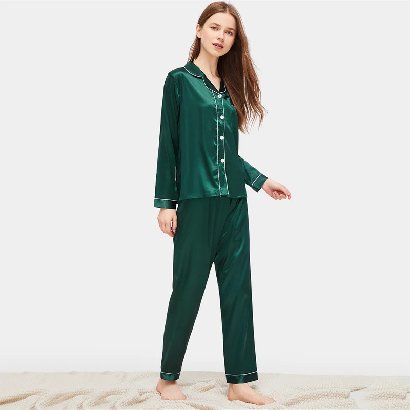 Dotfashion, однотонный контрастный Атласный пижамный комплект на пуговицах,, повседневные пижамы для женщин, весна-лето, ночная рубашка с длинным рукавом