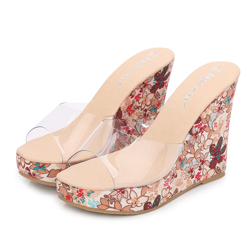 

Europe and the United States new wedge sandals pattern fish mouth transparent crystal women's shoes fashion sandals large si
