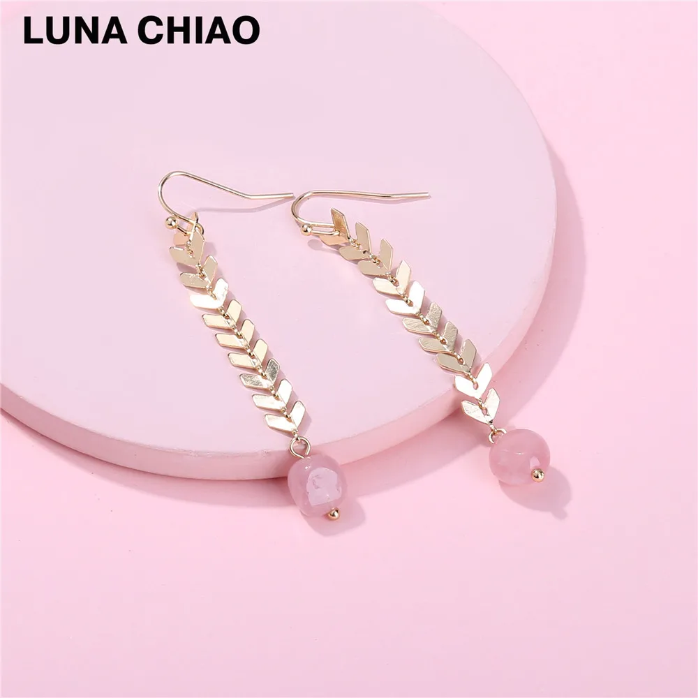 LUNA CHIAO позолоченная Купер цепочка шеврона Натуральный Камень Висячие длинные серьги для женщин