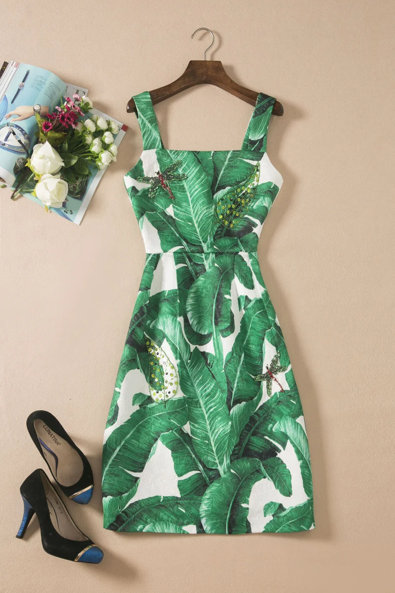 Блестками Широкие бретельки зеленые банановые листья принтом спагетти платье