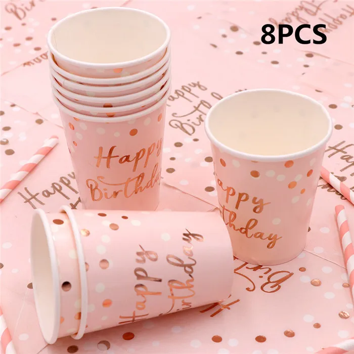 8pcs cup OurWarm день рождения одноразовая посуда бумажные чашки блюдце салфетка подарки девушки розовый одноразовые украшения для праздника на день рождения - Цвет: 8pcs cup