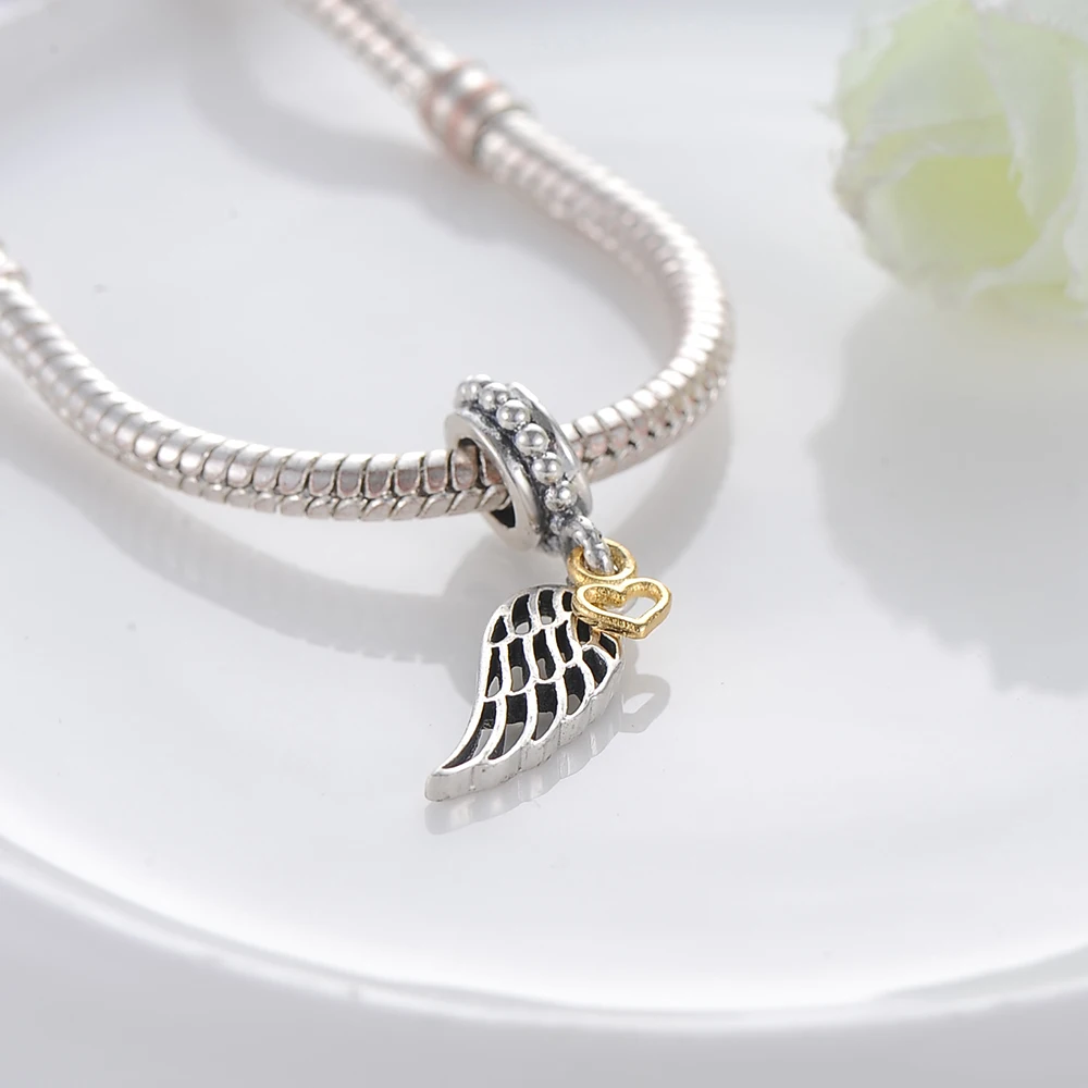 Suplush Silver Angle Wing With Gold Color Heart Dangle Charm Beads Fit Bracelet Pendant 925 Sterling Jewelry PSMB0307 |