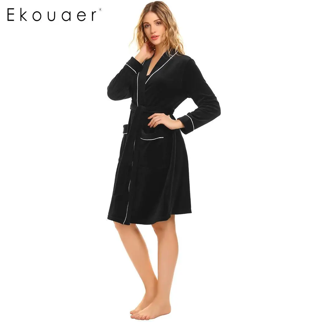 Ekouaer, Женский бархатный халат, пижама, кимоно, хлопок, халат, однотонный, зима, осень, длинный рукав, карман, пэчворк, пижама, спа халаты