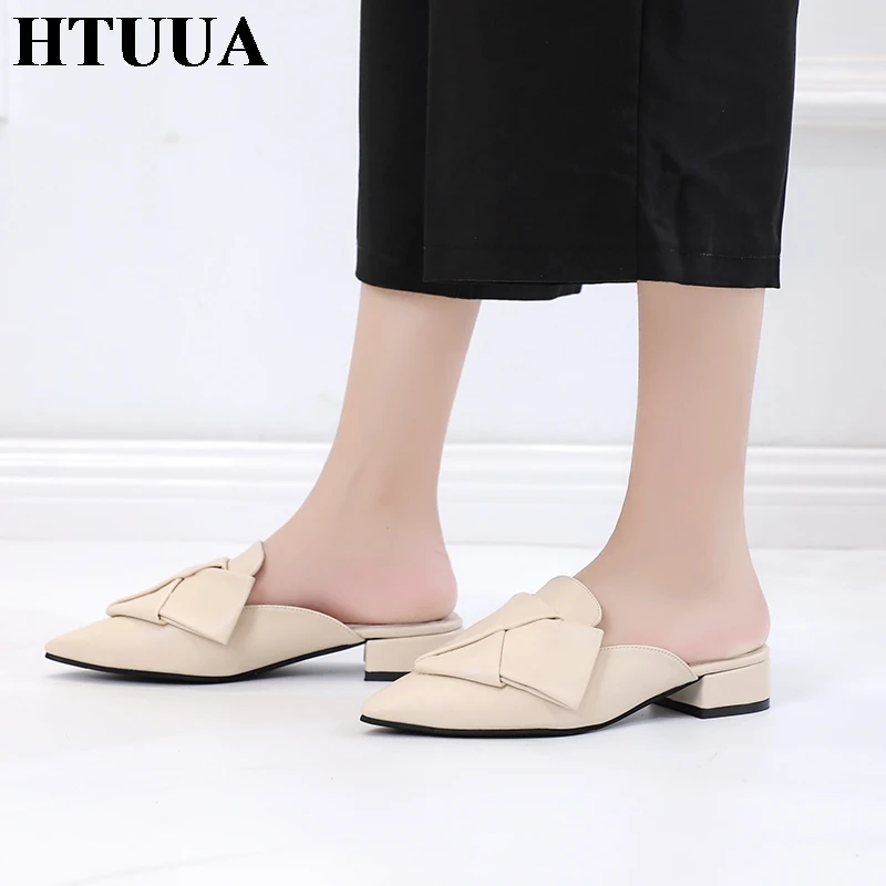 HTUUA/шикарные тапочки с большим бантом женские пикантные туфли без задника острым