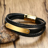 high quality men length 21cm gold bracelet black color leather man bracelets gift stainless steel male bangles bracelets for boy