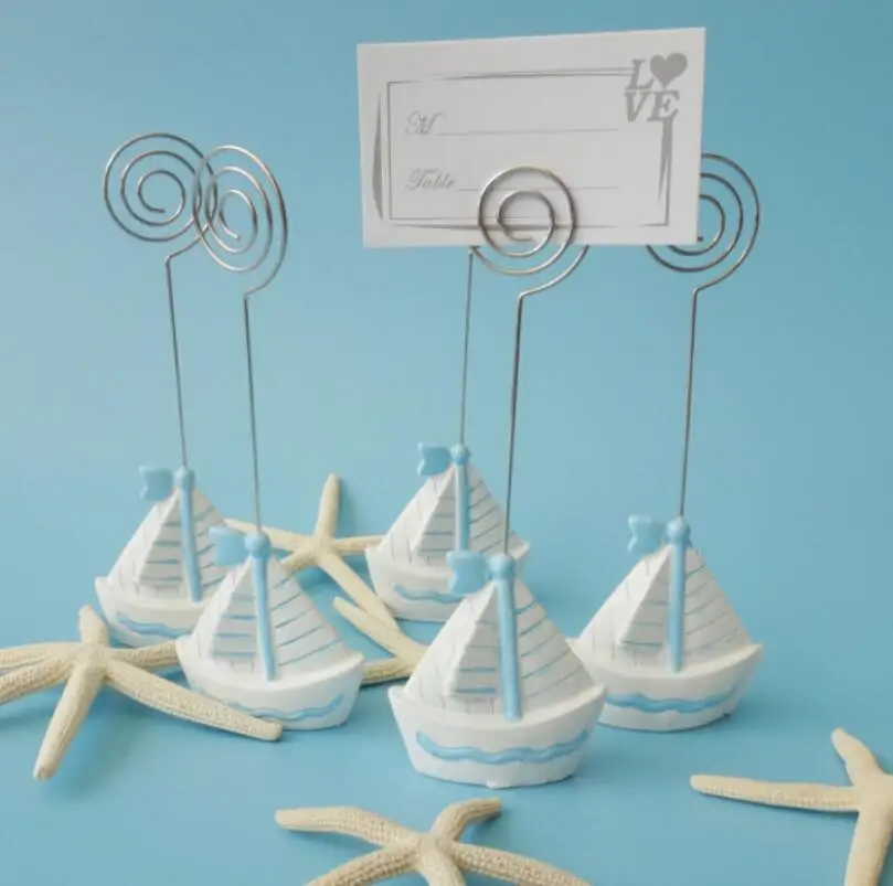 

200pcs/lot Resin Sailing Ship Place Card Holders Beach Themed Wedding Favors Party Supplies For Guest LX1735
