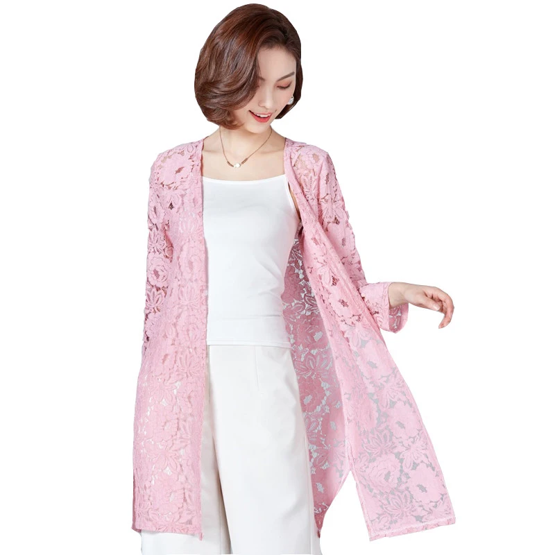 

2019 Summer Women Mid-Long Cardigan Thin Lace Casual Print Shawl Wild Sun Protection Clothing Outwear Large Size 3XL Female