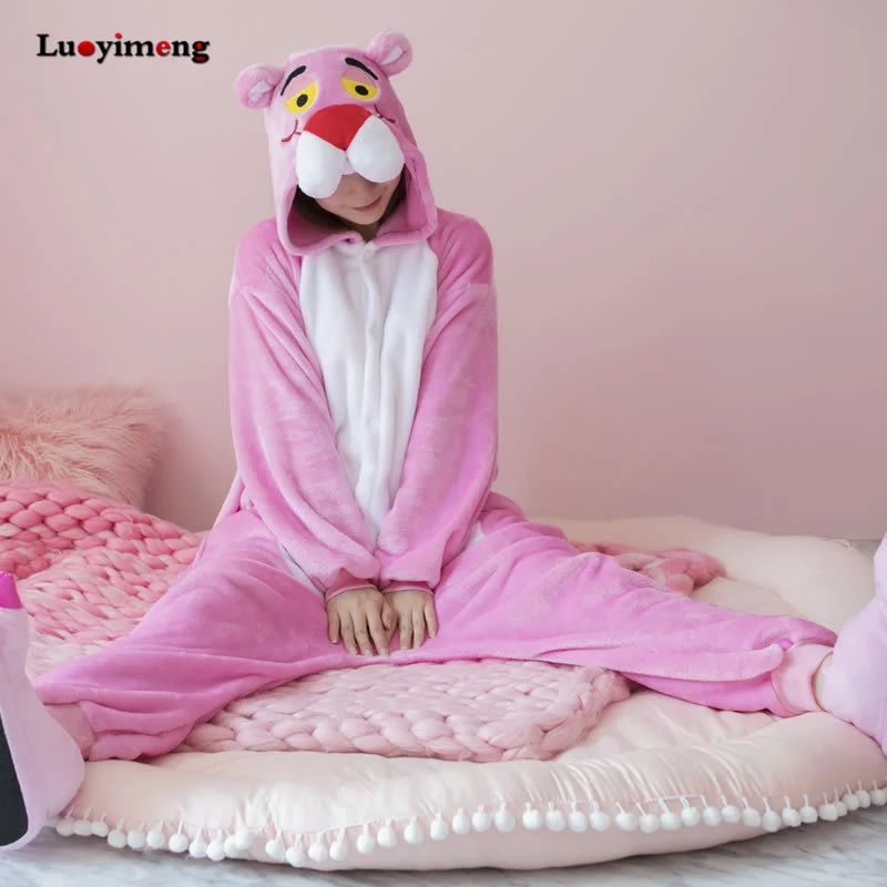 Зимний кигуруми милый розовый пантера женщина Onesie с капюшоном Комбинезоны для