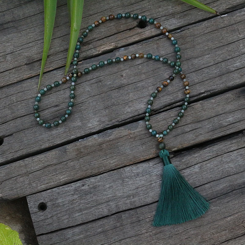 8mm Natural Beads, Tigers Eye,JapaMala, 8 Chakras Mala Beads, Lotus Necklace,108 Count Mala With Mantra Style Marker Beads