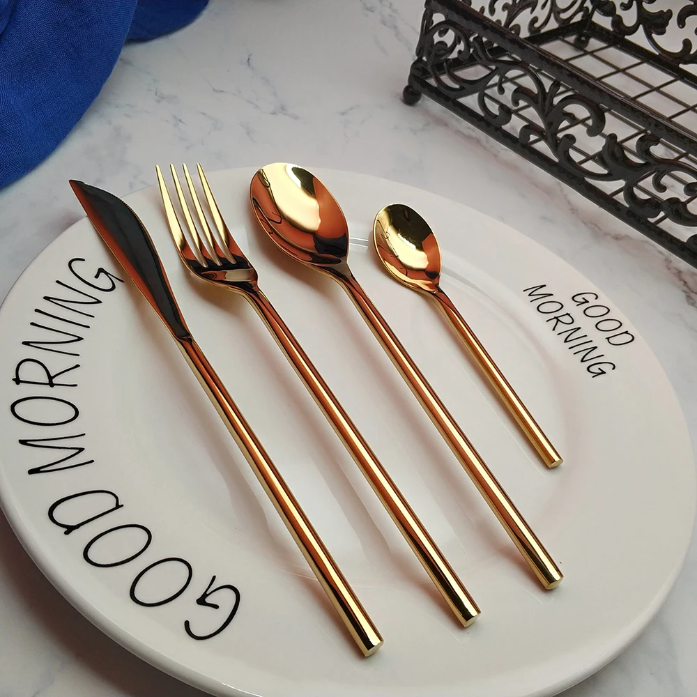 Wholesale 24pcs Round bar Gold Dinnerware Kitchen 304 Stainless steel Knife Fork Tablespoon Food Tableware Flatware Cutlery Set | Дом и сад