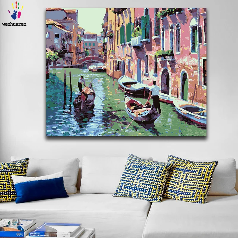 DIY colorings pictures by numbers with colors Floating city Seaside town picture drawing painting framed Home | Дом и сад